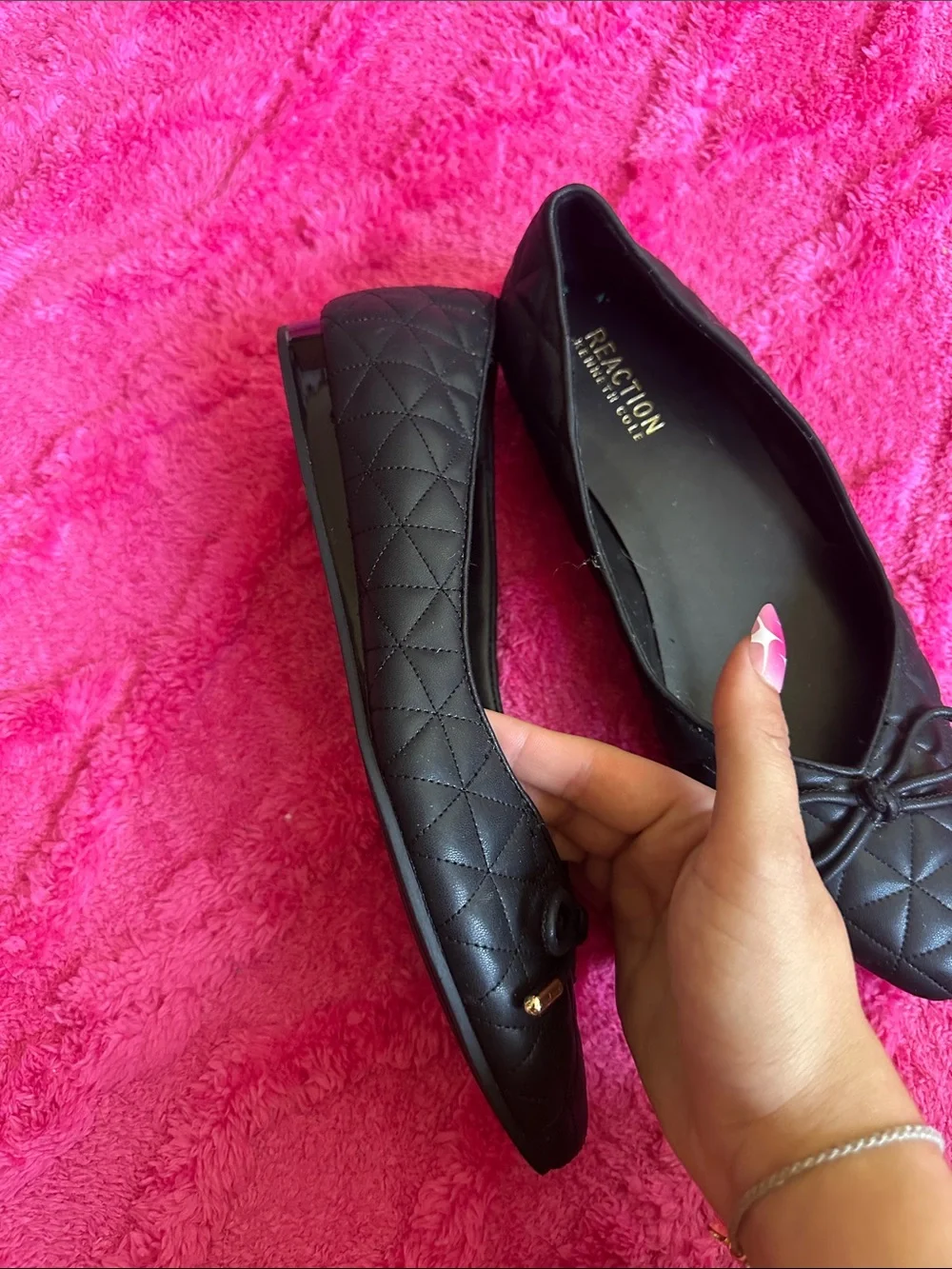 Reaction Kenneth Cole Black Quilted Pointed-Toe Flats with Bow